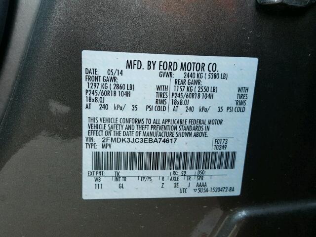 2FMDK3JC3EBA74617 - 2014 FORD EDGE SEL CHARCOAL photo 10