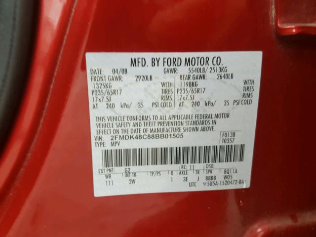 2FMDK48C88BB01505 - 2008 FORD EDGE SEL RED photo 10