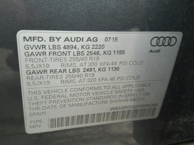 WA1GFCFS2GR004364 - 2016 AUDI Q3 PRESTIG SILVER photo 10