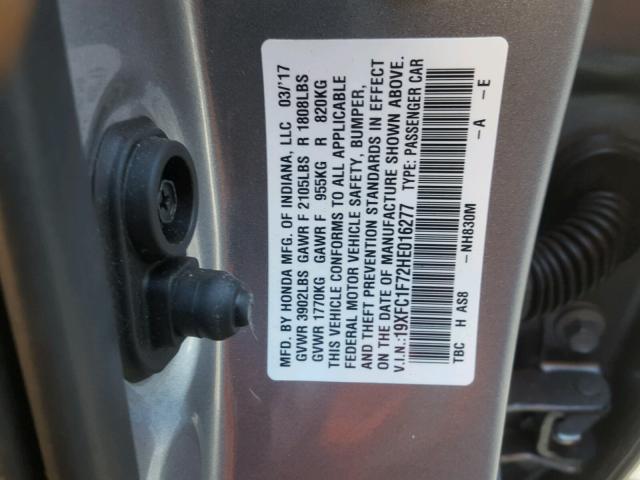 19XFC1F72HE016277 - 2017 HONDA CIVIC EXL SILVER photo 10