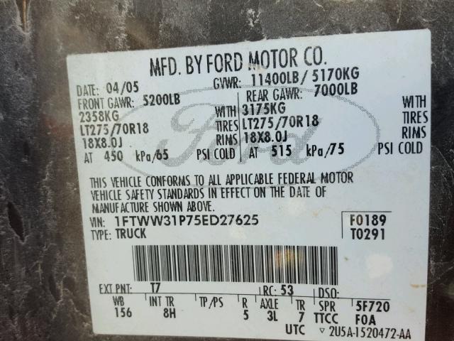 1FTWW31P75ED27625 - 2005 FORD F350 SRW S GRAY photo 10