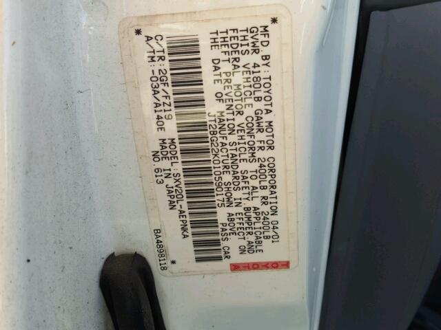 JT2BG22K010590175 - 2001 TOYOTA CAMRY CE WHITE photo 10