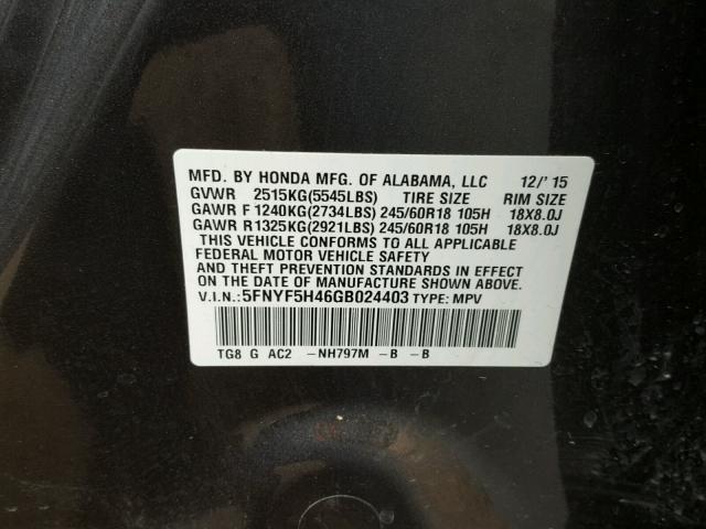 5FNYF5H46GB024403 - 2016 HONDA PILOT EX GRAY photo 10