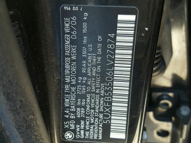 5UXFB53506LV27874 - 2006 BMW X5 4.4I BLACK photo 10