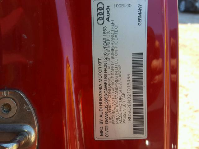 TRUSC28N921019466 - 2002 AUDI TT RED photo 10