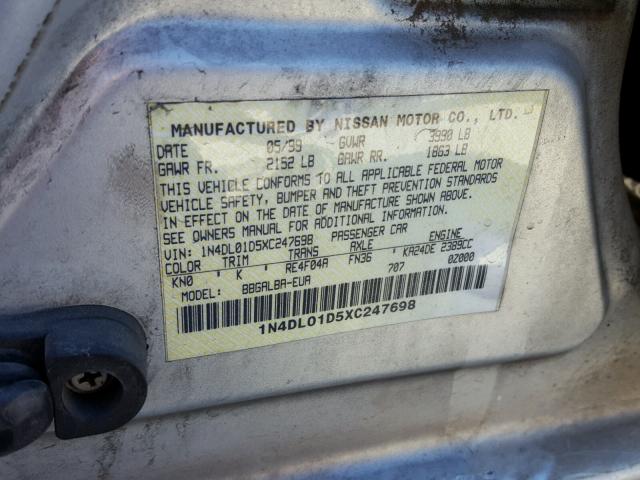 1N4DL01D5XC247698 - 1999 NISSAN ALTIMA XE SILVER photo 10