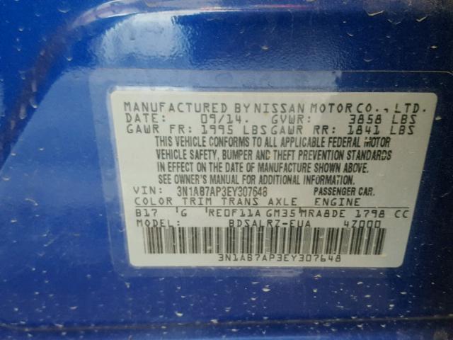 3N1AB7AP3EY307648 - 2014 NISSAN SENTRA S BLUE photo 10