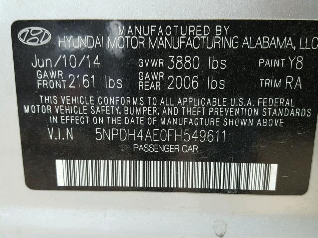 5NPDH4AE0FH549611 - 2015 HYUNDAI ELANTRA SE SILVER photo 10