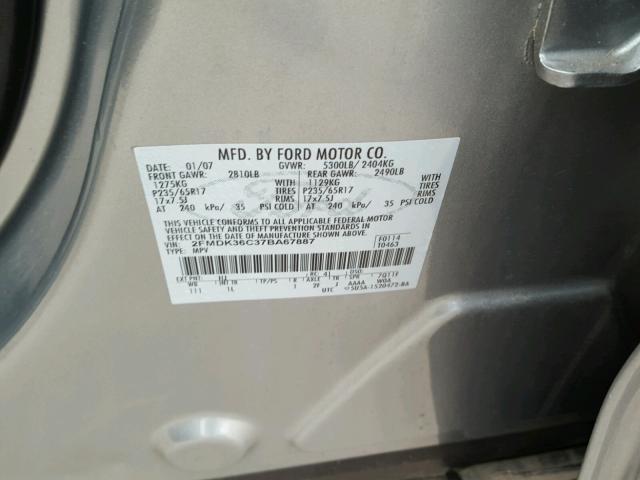 2FMDK36C37BA67887 - 2007 FORD EDGE SE GRAY photo 10