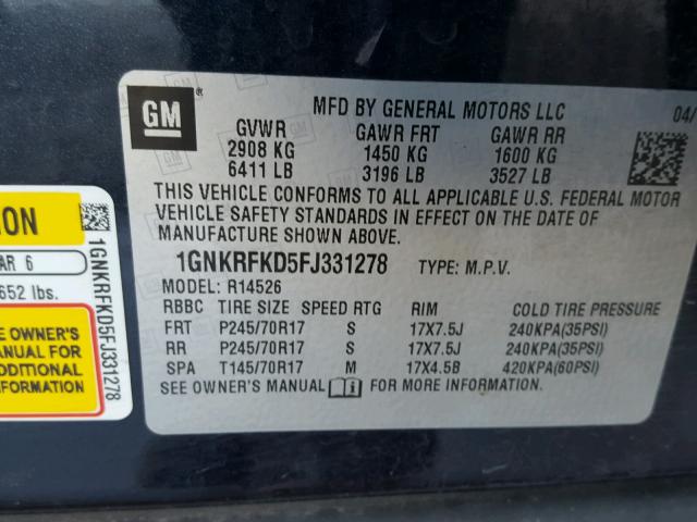 1GNKRFKD5FJ331278 - 2015 CHEVROLET TRAVERSE L BLUE photo 10