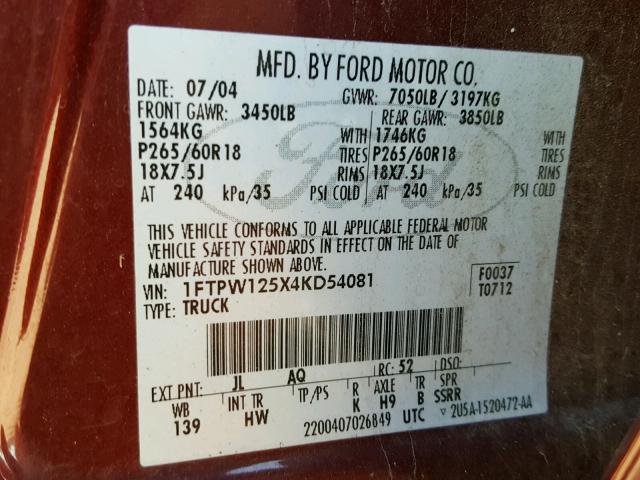 1FTPW125X4KD54081 - 2004 FORD F150 SUPER MAROON photo 10