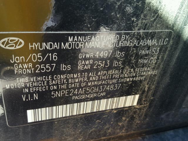 5NPE24AF5GH374837 - 2016 HYUNDAI SONATA SE BLACK photo 10