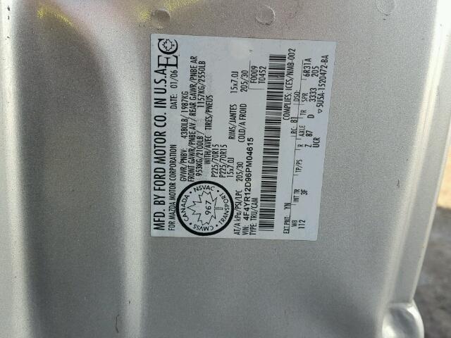 4F4YR12D96PM04615 - 2006 MAZDA B2300 SILVER photo 10