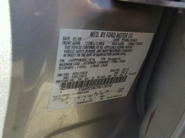 1FAHP25W29G118746 - 2009 FORD TAURUS LIM SILVER photo 10