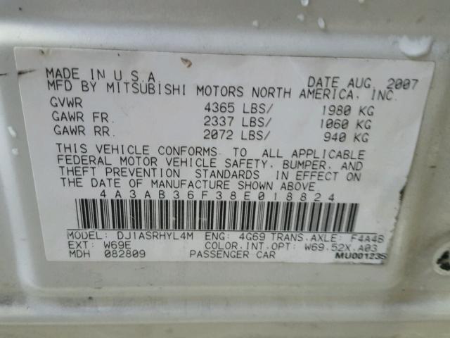 4A3AB36F38E018824 - 2008 MITSUBISHI GALANT ES CREAM photo 10