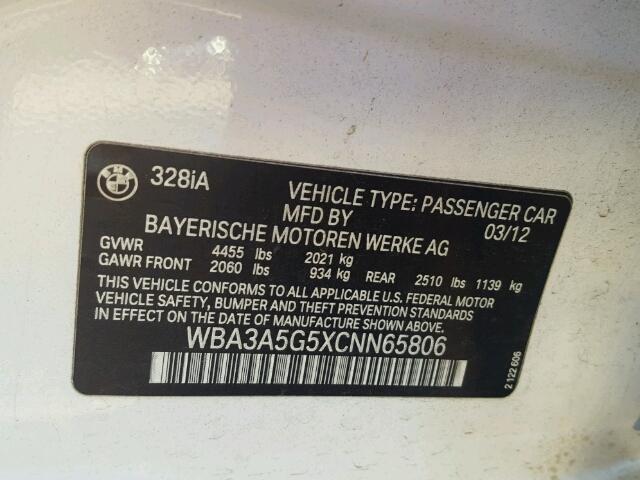 WBA3A5G5XCNN65806 - 2012 BMW 328 I WHITE photo 10