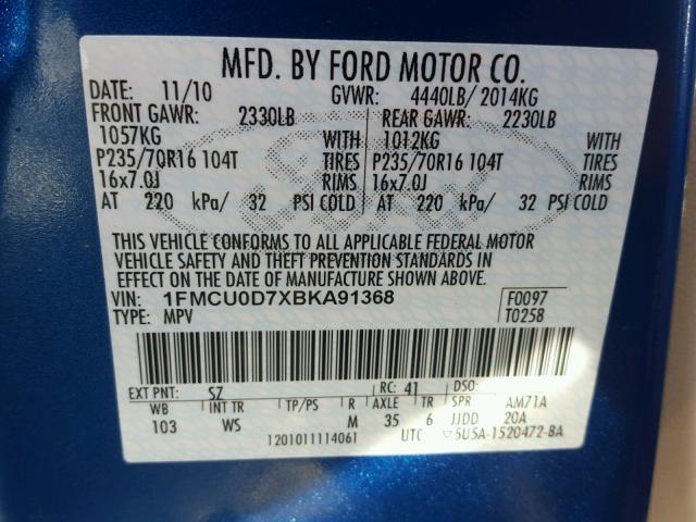 1FMCU0D7XBKA91368 - 2011 FORD ESCAPE XLT BLUE photo 10