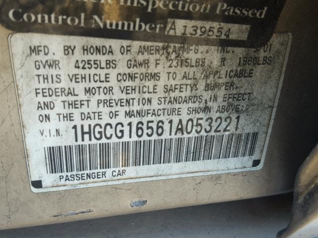 1HGCG16561A053221 - 2001 HONDA ACCORD EX GOLD photo 10