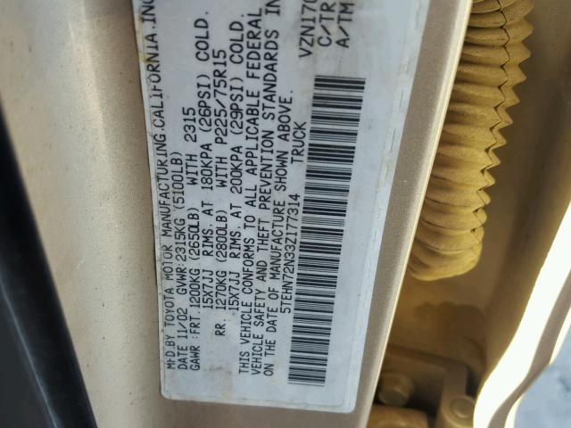 5TEHN72N33Z177314 - 2003 TOYOTA TACOMA TAN photo 10