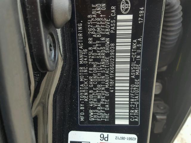 4T1BF1FK6GU239038 - 2016 TOYOTA CAMRY LE შავი ფოტო 10