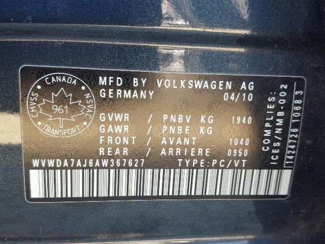 WVWDA7AJ6AW367627 - 2010 VOLKSWAGEN GOLF BLUE photo 10