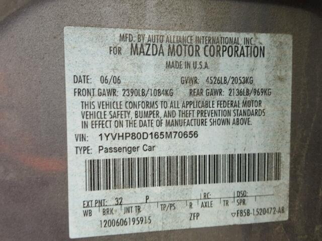 1YVHP80D165M70656 - 2006 MAZDA 6 S GRAY photo 10