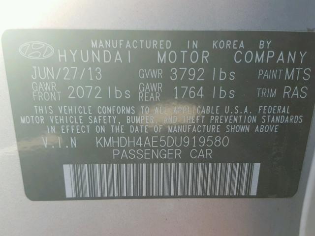 KMHDH4AE5DU919580 - 2013 HYUNDAI ELANTRA GL SILVER photo 10