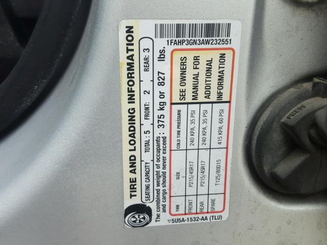 1FAHP3GN3AW232551 - 2010 FORD FOCUS SES SILVER photo 10