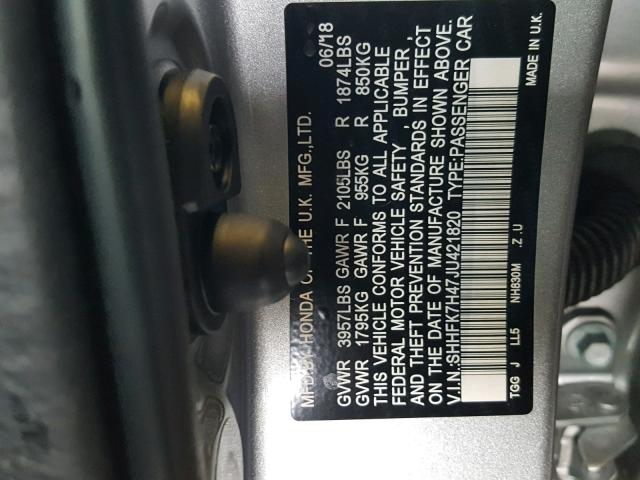 SHHFK7H47JU421820 - 2018 HONDA CIVIC SPOR SILVER photo 10