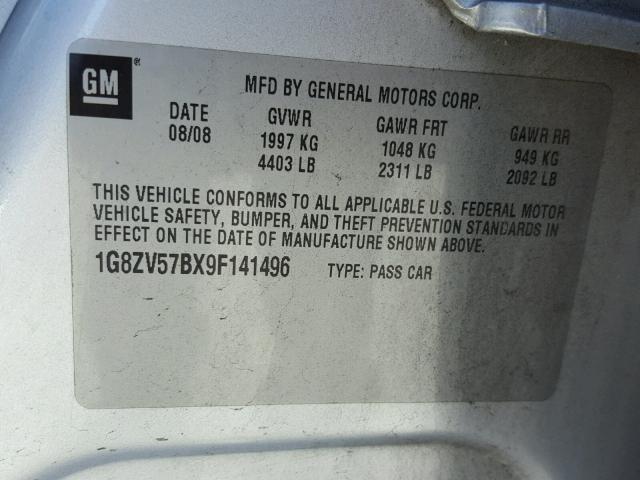 1G8ZV57BX9F141496 - 2009 SATURN AURA SILVER photo 10