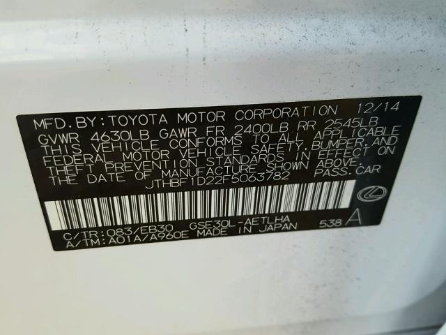 JTHBF1D22F5063782 - 2015 LEXUS IS WHITE photo 10