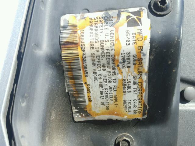 1G8AJ52F43Z190458 - 2003 SATURN ION LEVEL BLUE photo 10