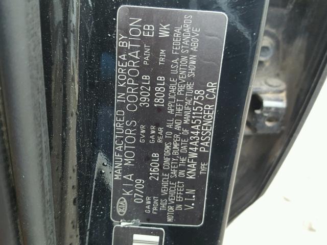 KNAFW4A34A5115758 - 2010 KIA FORTE BLACK photo 10