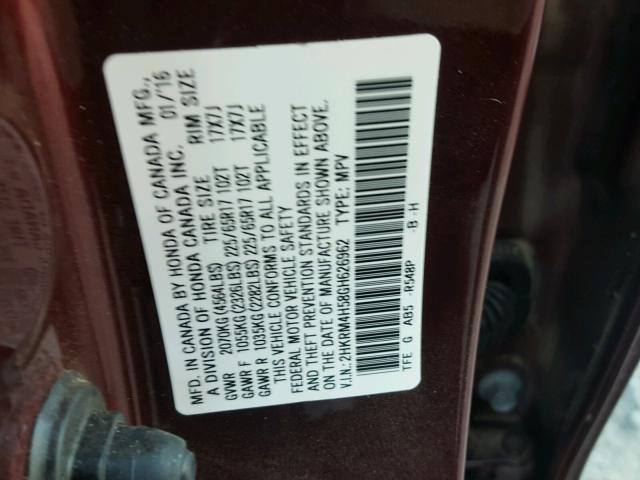 2HKRM4H58GH626962 - 2016 HONDA CR-V EX BURGUNDY photo 10