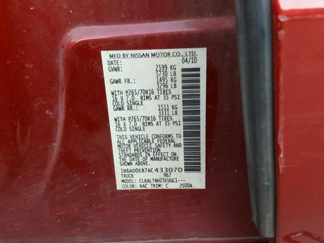 1N6AD0ER7AC433070 - 2010 NISSAN FRONTIER C RED photo 10