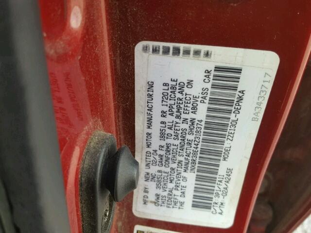 1NXBR38E44Z318374 - 2004 TOYOTA COROLLA CE RED photo 10