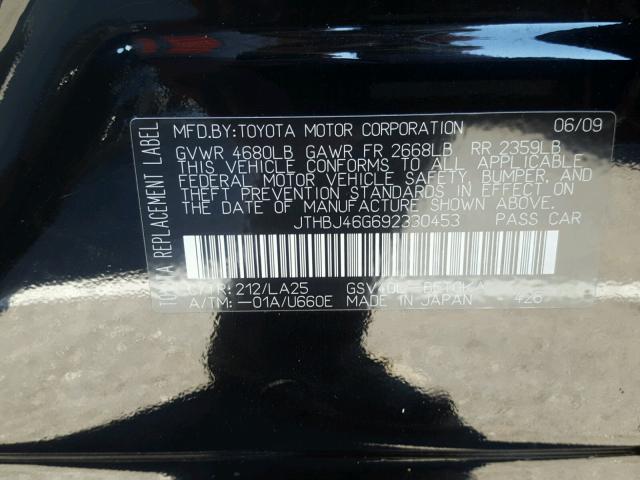 JTHBJ46G692330453 - 2009 LEXUS ES 350 BLACK photo 10