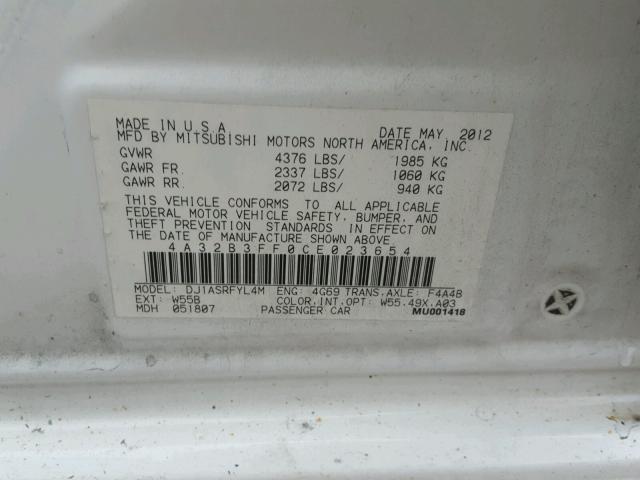 4A32B3FF0CE023654 - 2012 MITSUBISHI GALANT ES WHITE photo 10