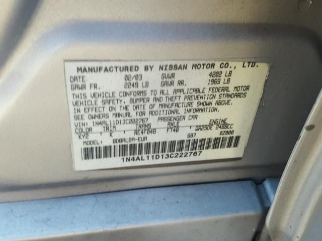 1N4AL11D13C222767 - 2003 NISSAN ALTIMA BAS SILVER photo 10