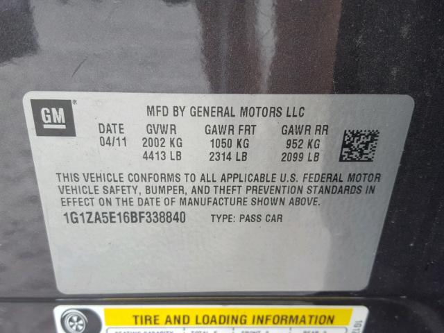 1G1ZA5E16BF338840 - 2011 CHEVROLET MALIBU LS ნაცრისფერი ფოტო 10