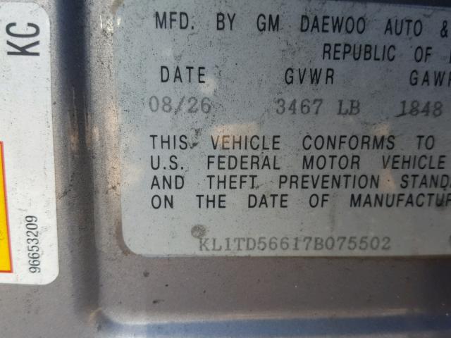 KL1TD56617B075502 - 2007 CHEVROLET AVEO BASE Gri fotoğraf 10
