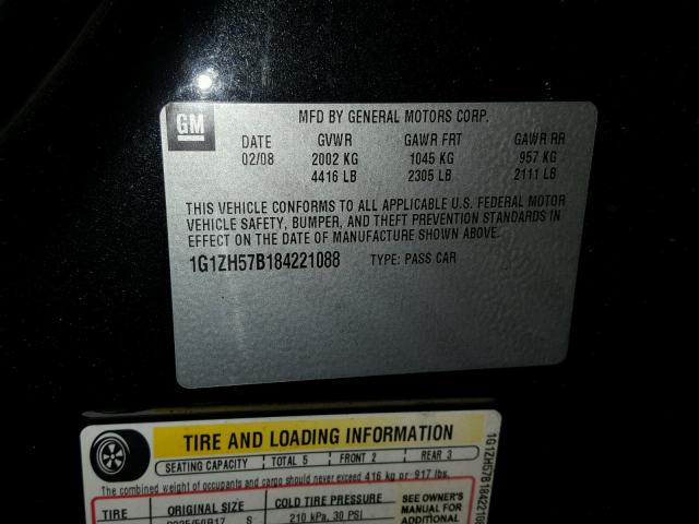 1G1ZH57B184221088 - 2008 CHEVROLET MALIBU 1LT CHARCOAL photo 10