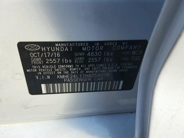 KMHE24L11HA054078 - 2017 HYUNDAI SONATA HYB WHITE photo 10