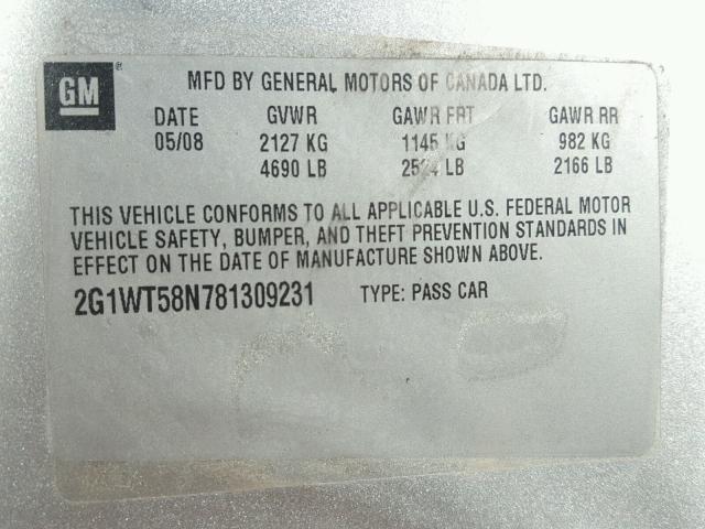 2G1WT58N781309231 - 2008 CHEVROLET IMPALA SILVER photo 10