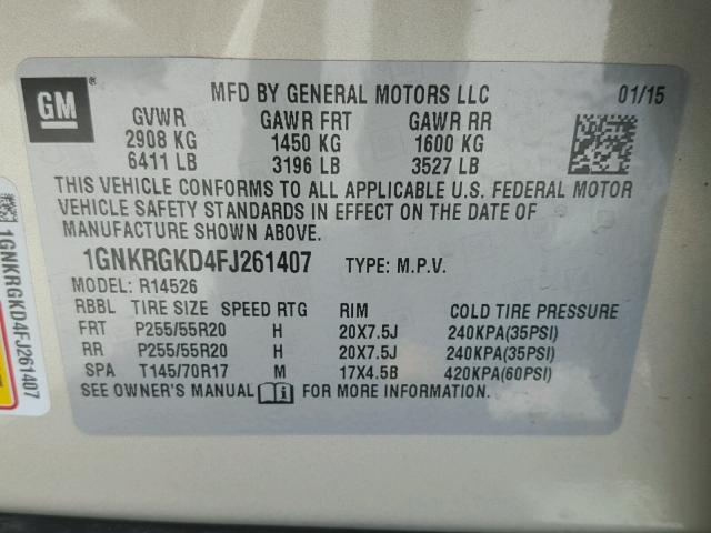 1GNKRGKD4FJ261407 - 2015 CHEVROLET TRAVERSE L GOLD photo 10