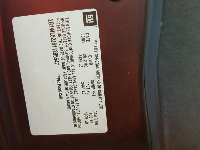 2G1WL52J611285547 - 2001 CHEVROLET LUMINA MAROON photo 10