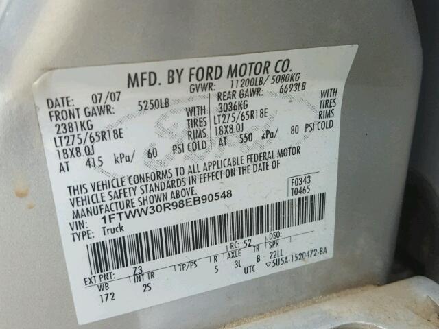 1FTWW30R98EB90548 - 2008 FORD F350 GRAY photo 10