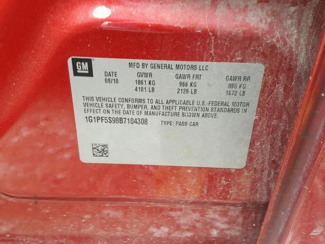 1G1PF5S98B7104308 - 2011 CHEVROLET CRUZE LT RED photo 10