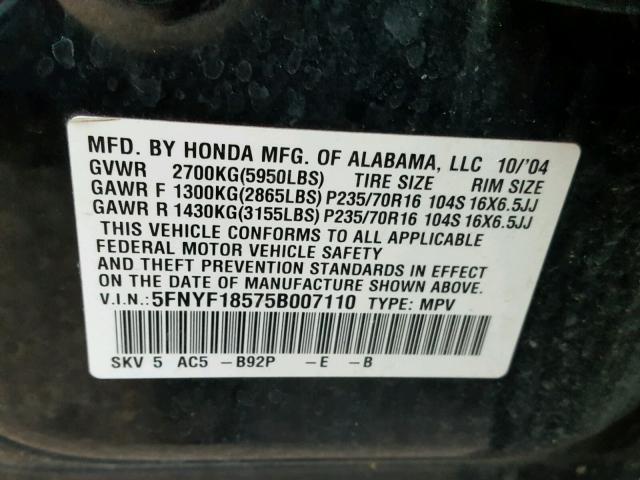 5FNYF18575B007110 - 2005 HONDA PILOT EXL BLACK photo 10