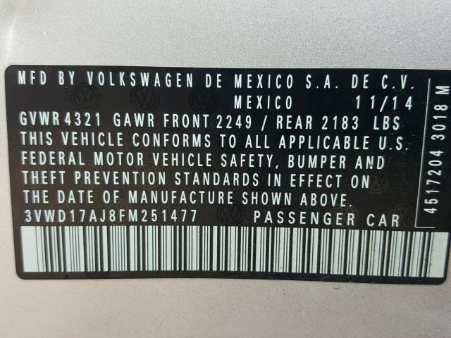 3VWD17AJ8FM251477 - 2015 VOLKSWAGEN JETTA SE SILVER photo 10